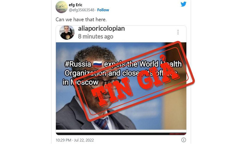 Một người dùng Twitter chia sẻ lại bài đăng đưa tin sai sự thật về các văn phòng đại diện của WHO tại Nga. (Ảnh chụp màn hình)