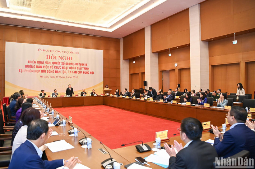 Quang cảnh Hội nghị triển khai Nghị quyết số 969/NQ-UBTVQH15 của Ủy ban Thường vụ Quốc hội hướng dẫn việc tổ chức hoạt động giải trình tại phiên họp Hội đồng Dân tộc, Ủy ban của Quốc hội. (Ảnh: DUY LINH)