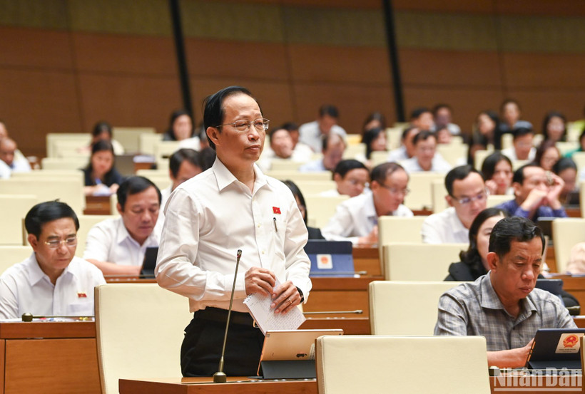 Đại biểu Nguyễn Trúc Sơn (đoàn Bến Tre) phát biểu ý kiến ở hội trường sáng 2/11. (Ảnh: DUY LINH)