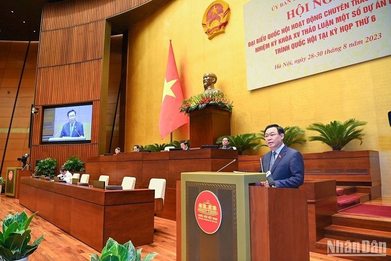 Chủ tịch Quốc hội Vương Đình Huệ phát biểu tại Hội nghị đại biểu Quốc hội hoạt động chuyên trách lần thứ 4 hồi tháng 8/2023. (Ảnh: DUY LINH)