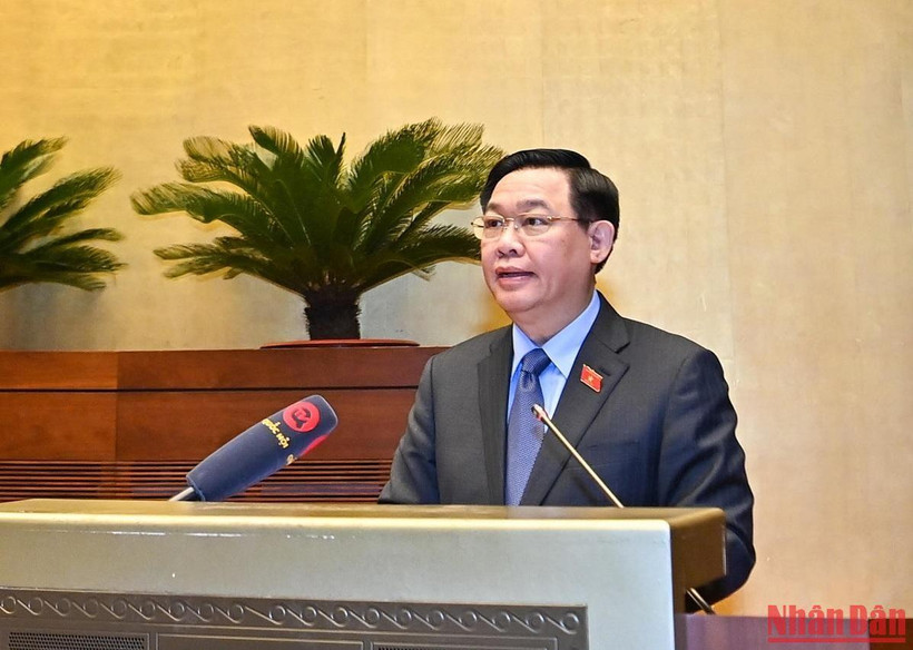 Chủ tịch Quốc hội Vương Đình Huệ phát biểu bế mạc Hội nghị triển khai Chương trình giám sát của Quốc hội năm 2023, sáng 27/9.