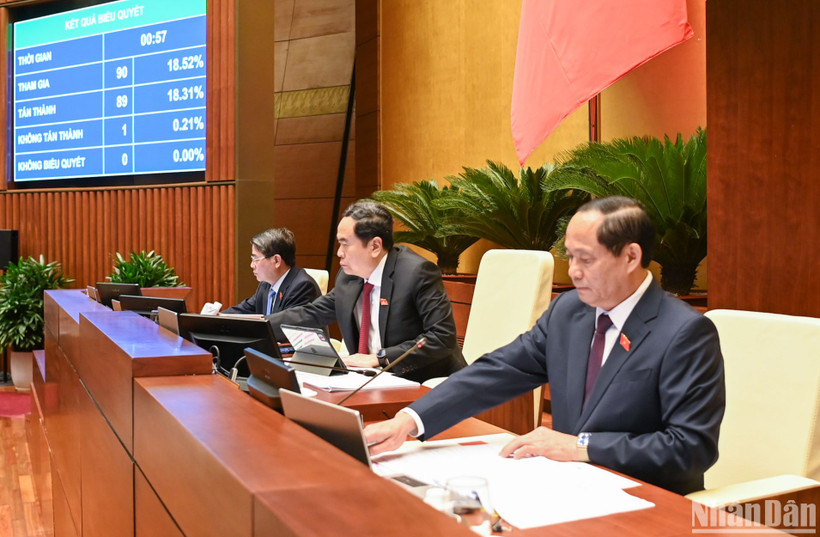 Chủ tịch Quốc hội Trần Thanh Mẫn và các Phó Chủ tịch Quốc hội bấm nút biểu quyết thông qua Luật. (Ảnh: DUY LINH)