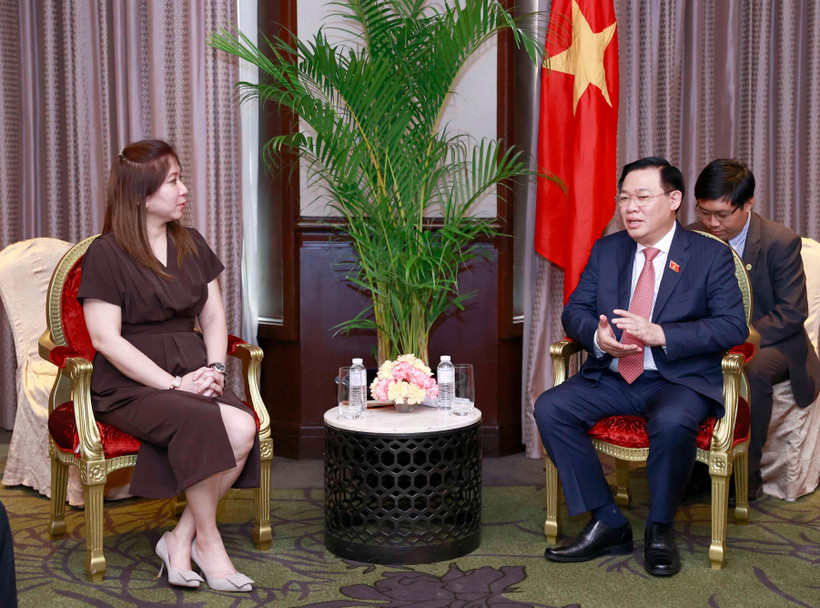 Chủ tịch Quốc hội Vương Đình Huệ tiếp bà Emmie Liza Perez-Chiong. (Ảnh: TTXVN)