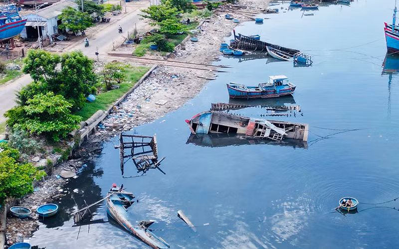 Nhiều xác tàu mục nát nằm dọc bờ cảng Sa Huỳnh, thị xã Đức Phổ gây khó khăn cho tàu thuyền neo trú.