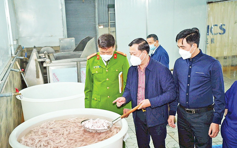 Kiểm tra công tác vệ sinh an toàn thực phẩm tại Công ty TNHH sản xuất chế biến thực phẩm Alishan (thôn Phù Yên, xã Trường Yên, huyện Chương Mỹ). (Ảnh THU TRANG)