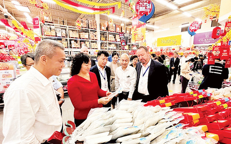 Lãnh đạo Bộ Công thương khảo sát tình hình hàng hóa phục vụ Tết Nguyên đán Ất Tỵ 2025 tại một siêu thị ở Thành phố Hồ Chí Minh. (Ảnh CTV)