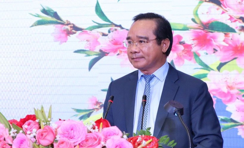 Bí thư Tỉnh ủy Long An Nguyễn Văn Được phát biểu chào mừng Đoàn đại biểu Vương quốc Campuchia đến chúc Tết tỉnh Long An nhân dịp Xuân Giáp Thìn 2024.