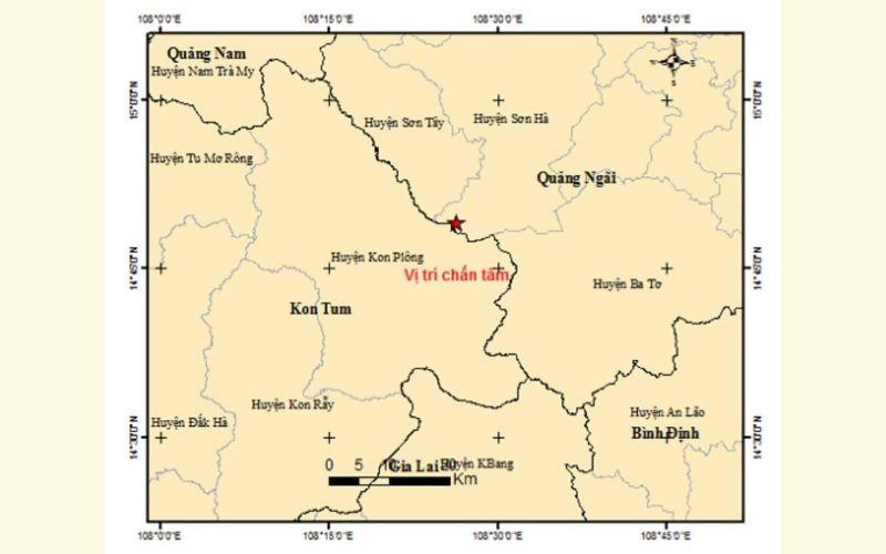 Bản đồ chấn tâm động đất tại huyện Sơn Hà (Quảng Ngãi).