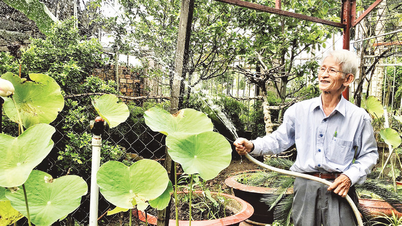 Ông Nguyễn Tuấn Dinh cùng người cao tuổi địa phương vận động con cháu hiến hơn 1.500m2 đất làm đường giao thông nông thôn. 