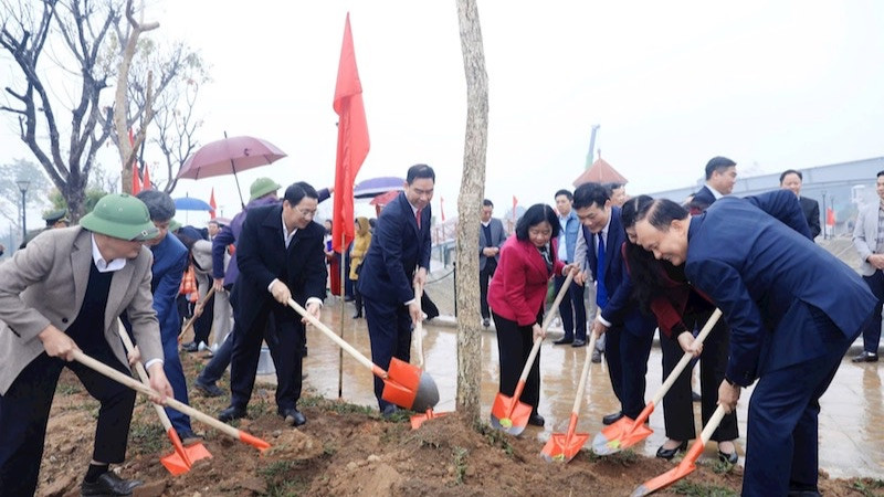 Bí thư Thành ủy Hà Nội Bùi Thị Minh Hoài tham gia trồng cây cùng các đại biểu.