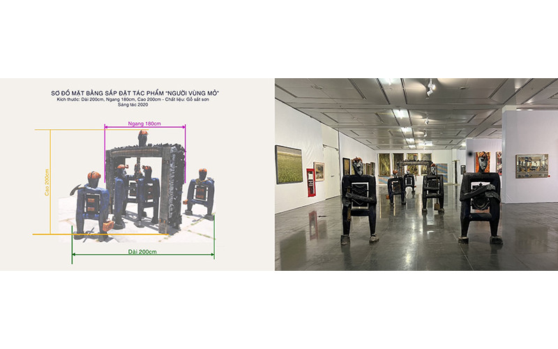 Sơ đồ sắp đặt tác phẩm Người vùng mỏ (ảnh do tác giả cung cấp)… và thực tế trưng bày (ảnh chụp trong ngày thứ bảy, 9/12/2023). Ảnh: An Trung