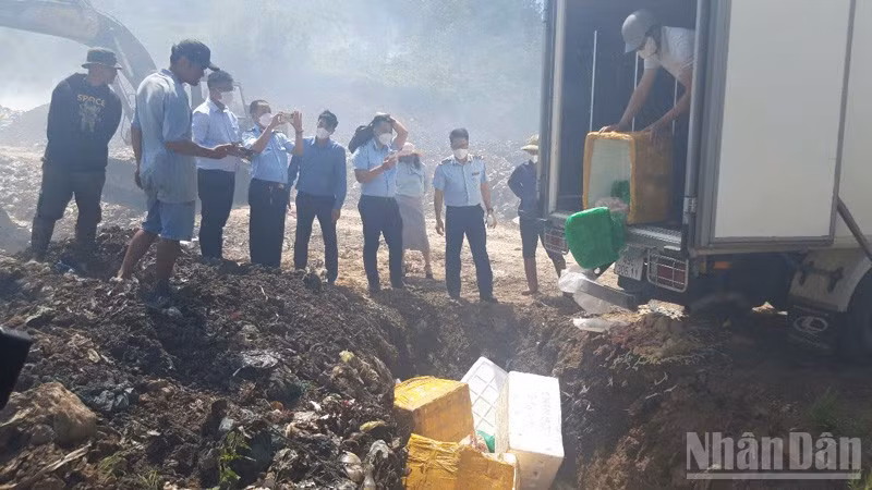 Lực lượng chức năng tiến hành tiêu hủy gần 500kg thực phẩm đông lạnh không rõ nguồn gốc.