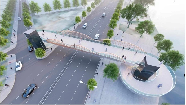 Phối cảnh cầu đi bộ băng qua đường Tôn Đức Thắng nối đường Nguyễn Huệ và Thái Văn Lung sang Bến Bạch Đằng (Nguồn: Sở Xây dựng Thành phố Hồ Chí Minh) 