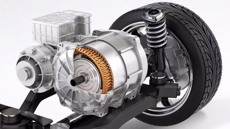 Minh họa truyền động mô-tơ điện và hộp giảm tốc 1 cấp, độc lập và trực tiếp tới bánh xe.