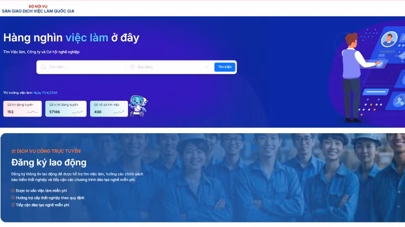 Giao diện trang web Sàn Giao dịch việc làm quốc gia (www.vieclam.gov.vn).
