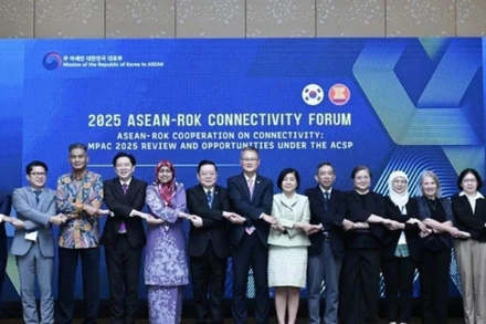 Các Đại sứ Phái đoàn các nước ASEAN và các diễn giả tại Diễn đàn. (Ảnh: TTXVN)