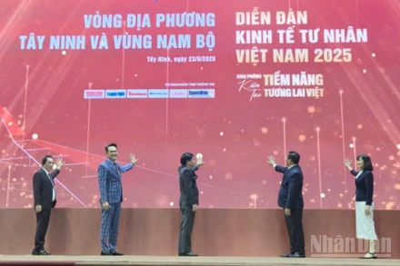 Lãnh đạo Tỉnh ủy Long An và Hội Doanh nghiệp trẻ Việt Nam và các đại biểu ấn nút khai mạc diễn đàn. 