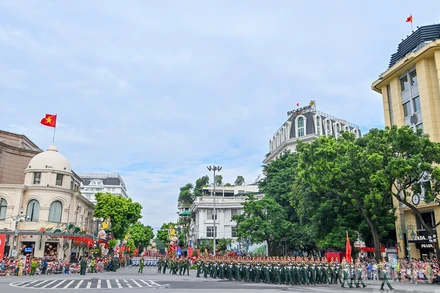 Các khối diễu binh đi qua khu phố Tràng Tiền.