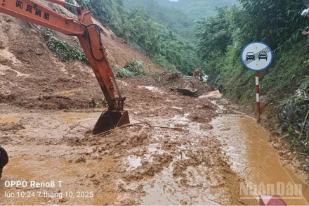 Cục Đường bộ Việt Nam khắc phục hậu quả cơn bão số 11 gây sạt lở ta-luy trên tuyến đường Hồ Chí Minh.