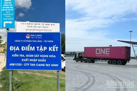 Bảng hiệu phân luồng và điểm tập kết tại khu vực cửa khẩu Quốc tế Mộc Bài. (Ảnh: Tổng Công ty Tân cảng Sài Gòn)