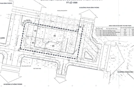Bản đồ tổng thể quy hoạch dự án mở rộng Quảng trường Ba Đình, hiện trạng, chỉ giới đường đen đậm và định vị khu đất tỷ lệ 1/500. (Ảnh: Bộ Quốc phòng)