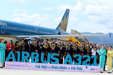 Đại diện lãnh đạo tỉnh Điện Biên chào đón du khách và đại biểu các bộ, ngành tại sân bay Điện Biên. (Ảnh: CTV)