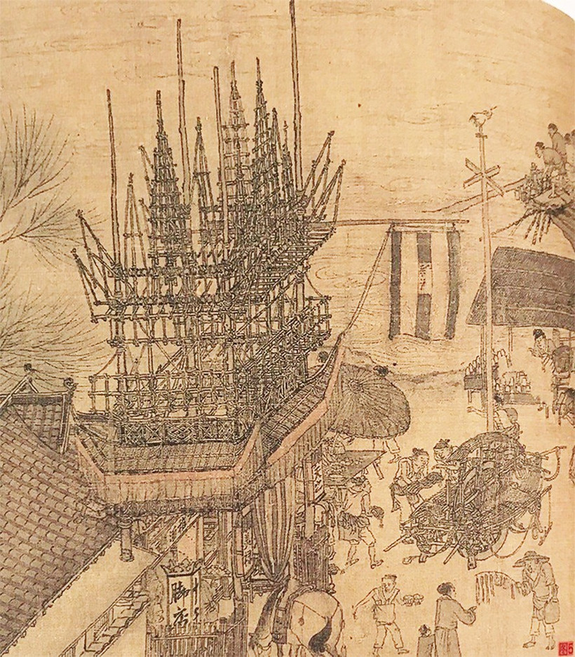 Mô tả giàn giáo tre trong bức tranh "Thanh minh thượng hà đồ". Ảnh: WIKIPEDIA