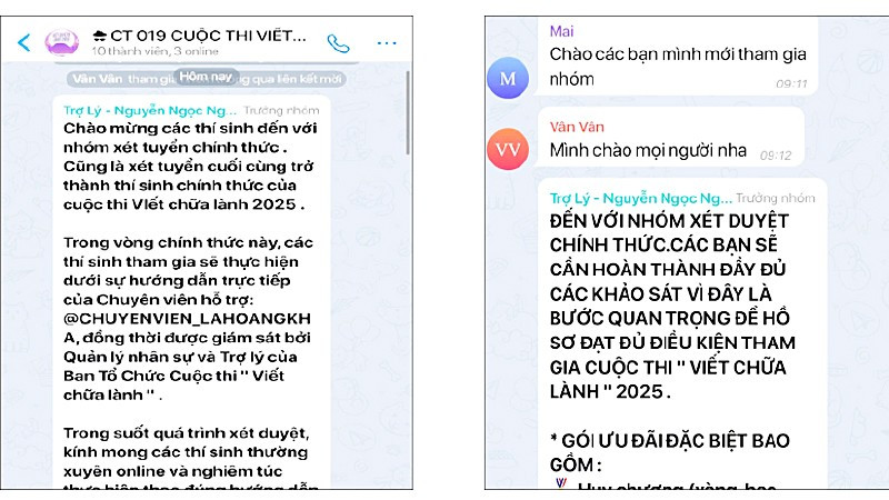 Nội dung lừa đảo từ kênh giả mạo cuộc thi “Viết chữa lành” của BOOKAS. Ảnh: Các nạn nhân cung cấp