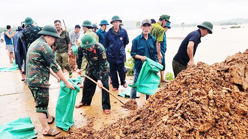 Lực lượng vũ trang tỉnh Thanh Hóa gia cố đê ở vùng trũng Hà Trung. 