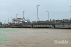 Nước lũ dâng cao đe dọa cầu Châu Ổ nằm trên địa phận tỉnh Quảng Ngãi.