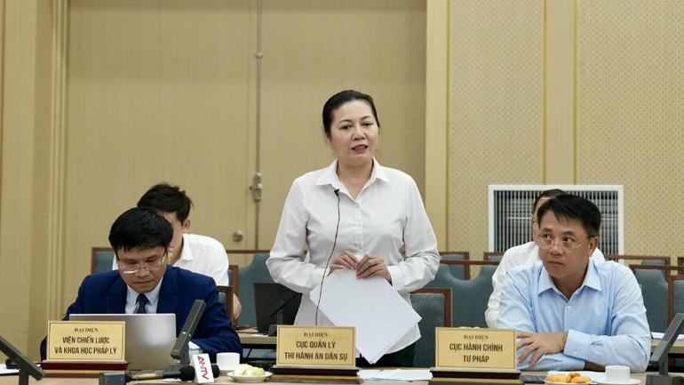 Phó Cục trưởng Cục Quản lý Thi hành án dân sự (Bộ Tư pháp) Trần Thị Phương Hoa thông tin tại buổi họp báo. (Ảnh: TH) ba-hoa-4749.jpg