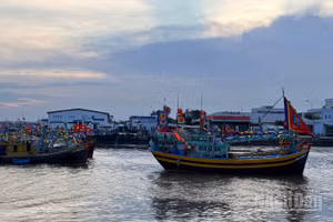 Tàu cá gắn cờ chào mừng Lễ hội Cầu ngư.