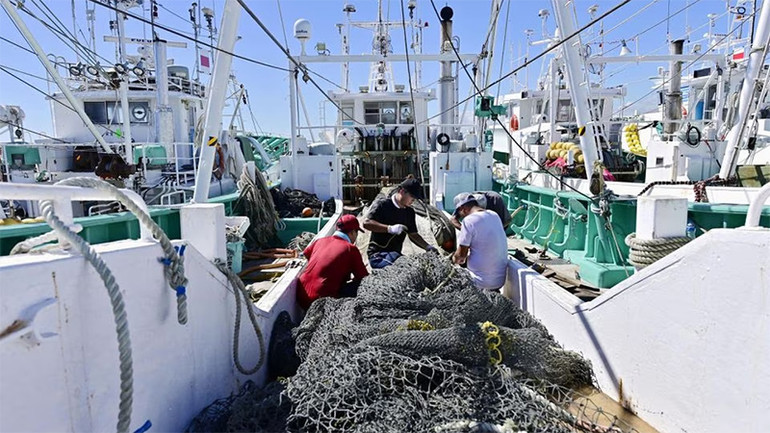 Ngư dân đánh bắt cá gần nhà máy Fukushima, ngày 22/8/2023. (Ảnh: Kyodo)