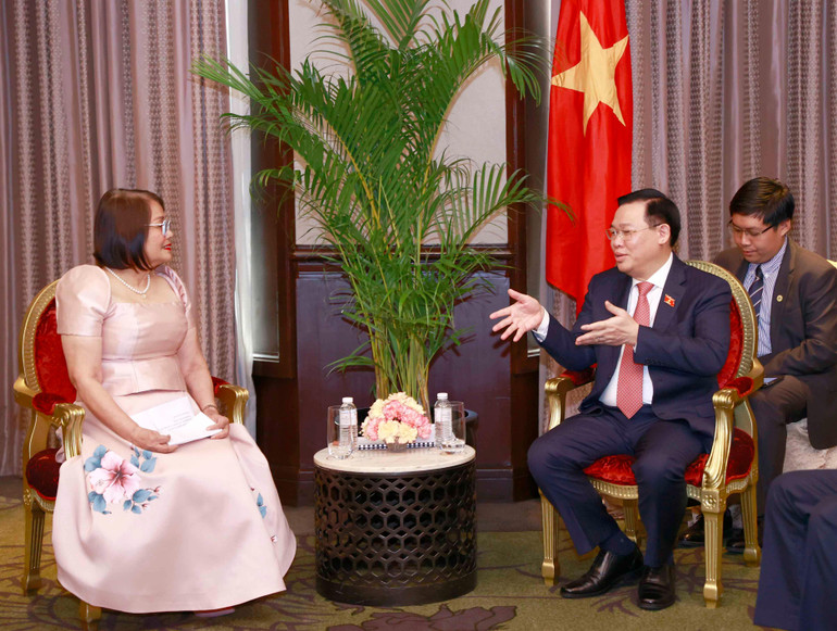 Chủ tịch Quốc hội Vương Đình Huệ tiếp bà Corazon Manalyaon, Thống đốc tỉnh Davao. (Ảnh: Doãn Tấn/TTXVN) Chủ tịch Quốc hội Vương Đình Huệ tiếp bà Corazon Manalyaon, Thống đốc tỉnh Davao. (Ảnh: Doãn Tấn/TTXVN)