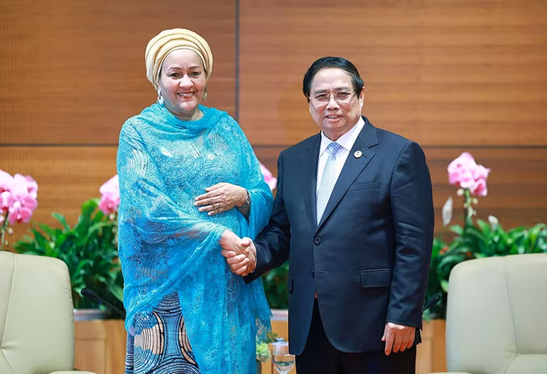 Thủ tướng Phạm Minh Chính tiếp Phó Tổng Thư ký Liên hợp quốc Amina Mohammed. (Ảnh: TTXVN) Thủ tướng Phạm Minh Chính tiếp Phó Tổng Thư ký Liên hợp quốc Amina Mohammed. (Ảnh: TTXVN)