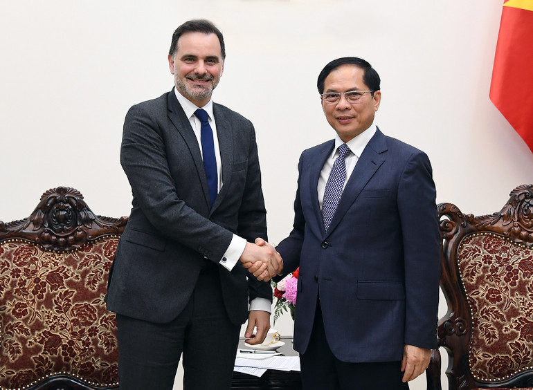 Phó Thủ tướng Chính phủ, Bộ trưởng Ngoại giao Bùi Thanh Sơn tiếp ông Laurent Saint-Martin, Bộ trưởng đặc trách Ngoại thương và Người Pháp ở nước ngoài. (Ảnh: Bộ Ngoại giao Việt Nam)