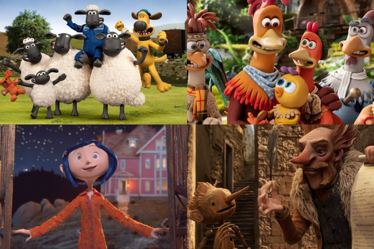 Một số bộ phim hoạt hình stop motion nổi tiếng thế giới (từ trên xuống, từ trái sang): Shaun the Sheep; Chicken Run; Coraline; Guillermo del Toro's Pinocchio. (Ảnh: Internet)