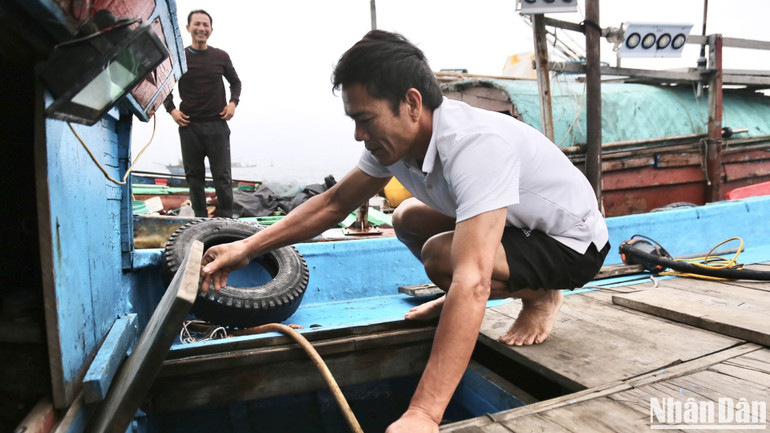 Mỗi sáng, người kinh doanh mực sẽ đi thuyền ra khu vực tập kết để tìm mối hàng. Ông Chu Văn Hộ (59 tuổi) dừng lại bên cạnh chiếc thuyền có công suất máy 150CV vừa trở về sau chuyến đi câu đêm. Trước khi chuyển mực từ thuyền câu vào khoang thuyền nhà, ông Hộ kiểm tra lại khoang thuyền chắc chắn khoang đã sạch.