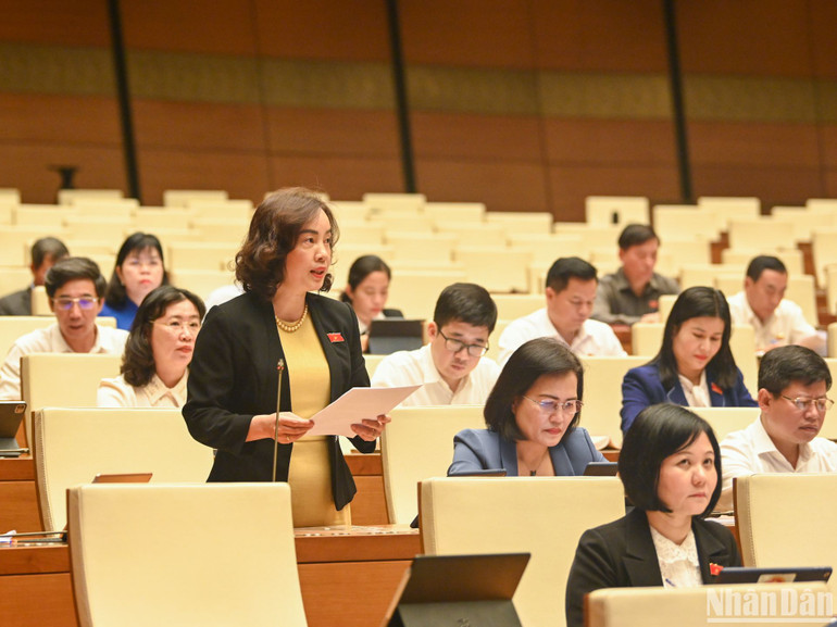 Đại biểu Quốc hội Nguyễn Thị Kim Anh (tỉnh Bắc Ninh) phát biểu ý kiến tại phiên họp.