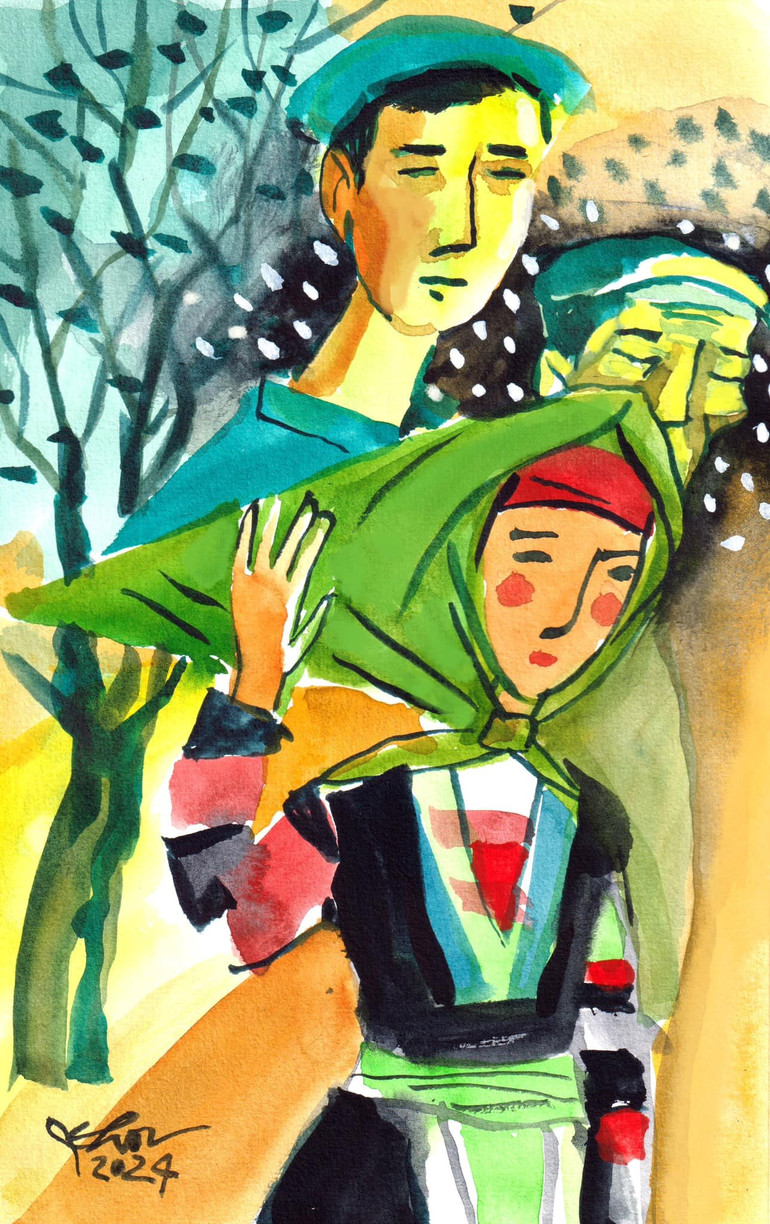 Minh họa của họa sĩ Ngô Xuân Khôi cho truyện ngắn “Nắng chiều”, tác giả Duyên Phùng. Ảnh: NVCC