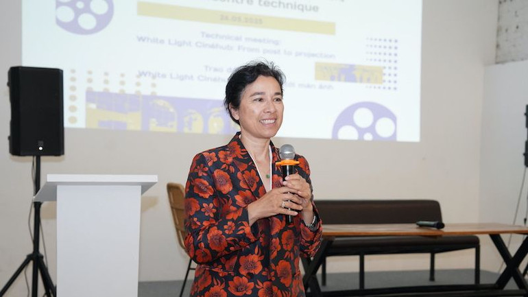 Bà Eva Nguyễn Bình nhấn mạnh Viện Pháp cam kết đồng hành cùng sự phát triển của White Light Cinéhub. (Ảnh: Viện Pháp tại Việt Nam)