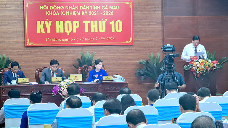 Phó Chủ tịch Ủy ban nhân dân tỉnh Cà Mau Lâm Văn Bi (đứng) thông qua báo cáo trả lời kiến nghị của cử tri trước kỳ họp.