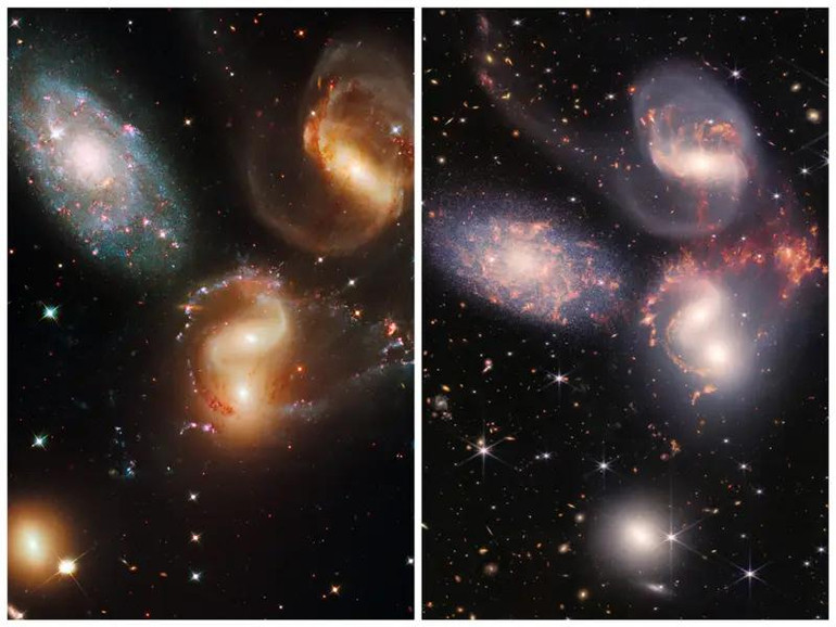 Cụm thiên hà Stephan&apos;s Quintet qua kính thiên văn Hubble (trái) và James Webb (phải). (Ảnh: NASA)