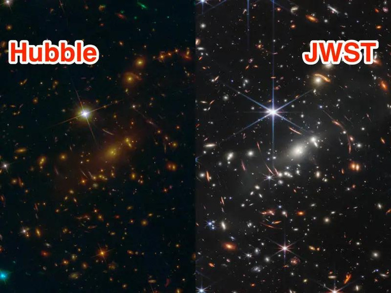 Hình ảnh do Hubble và James Webb chụp lại cùng một khu vực trong không gian. (Ảnh: NASA)