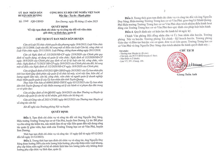 Tuyên Quang: Tạm đình chỉ chức vụ Hiệu trưởng trường THCS Văn Phú ảnh 1