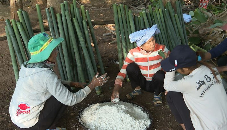 Dân làng cho gạo nếp vào ống lồ ô để nấu cơm lam.