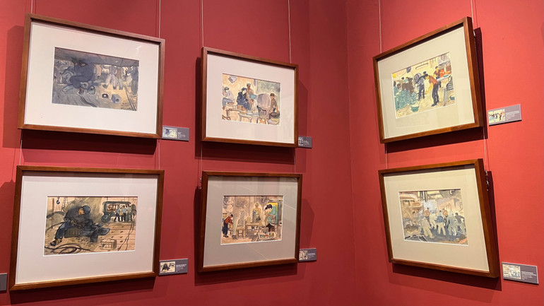 Một số tác phẩm tranh bột màu trên giấy, màu nước trên giấy của cố họa sĩ với đề tài công nhân, tinh thần lao động sản xuất...