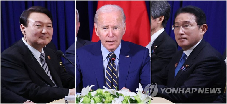 Tổng thống Hàn Quốc Yoon Suk Yeol, Tổng thống Mỹ Joe Biden và Thủ tướng Nhật Bản Kishida Fumio (từ trái sang). (Ảnh: Yonhap)