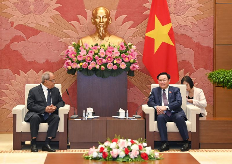 Chủ tịch Quốc hội Vương Đình Huệ phát biểu tại buổi tiếp Bộ trưởng Công nghiệp và Sản xuất Dược phẩm Algeria Ali Aoun. (Ảnh: DUY LINH)