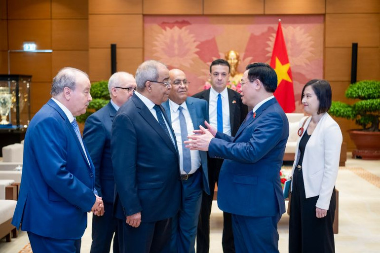 Chủ tịch Quốc hội Vương Đình Huệ trao đổi với các đại biểu tại buổi tiếp. (Ảnh: DUY LINH)